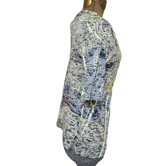 One World Blouse Womens Small Lace Accented V Neck Top Yellow Gray Pattern - Picture 5 of 10